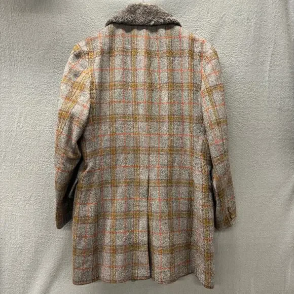 Vintage Zero King Coat Mens 38 Wool Faux Fur Lined Gray Orange Plaid Made in USA - Picture 3 of 8